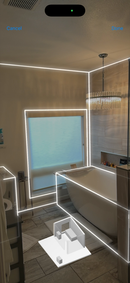 3D room scanning in progress showing LiDAR edge detection