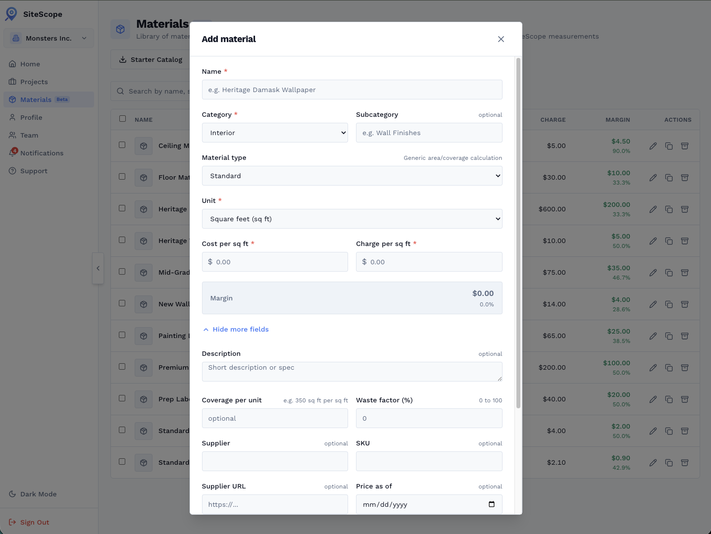 Add material dialog showing the Materials Library with Name, Category, Subcategory, Material type, Unit, Cost per sq ft, Charge per sq ft, Margin, Waste factor fields