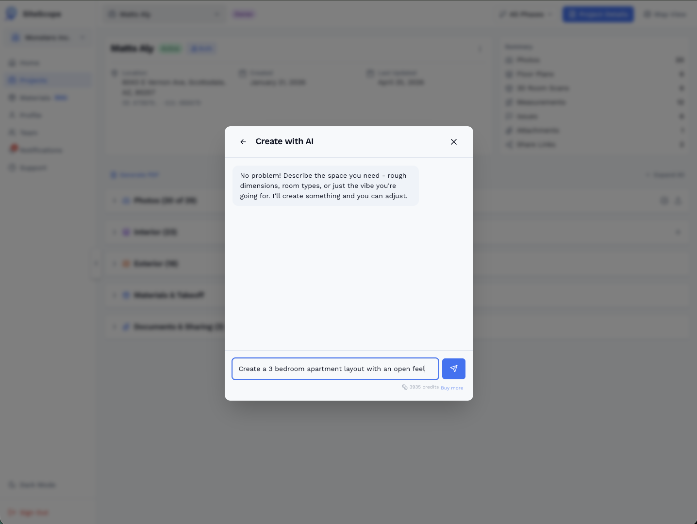 Create with AI dialog, user typing 'Create a 3 bedroom apartment layout with an open feel'