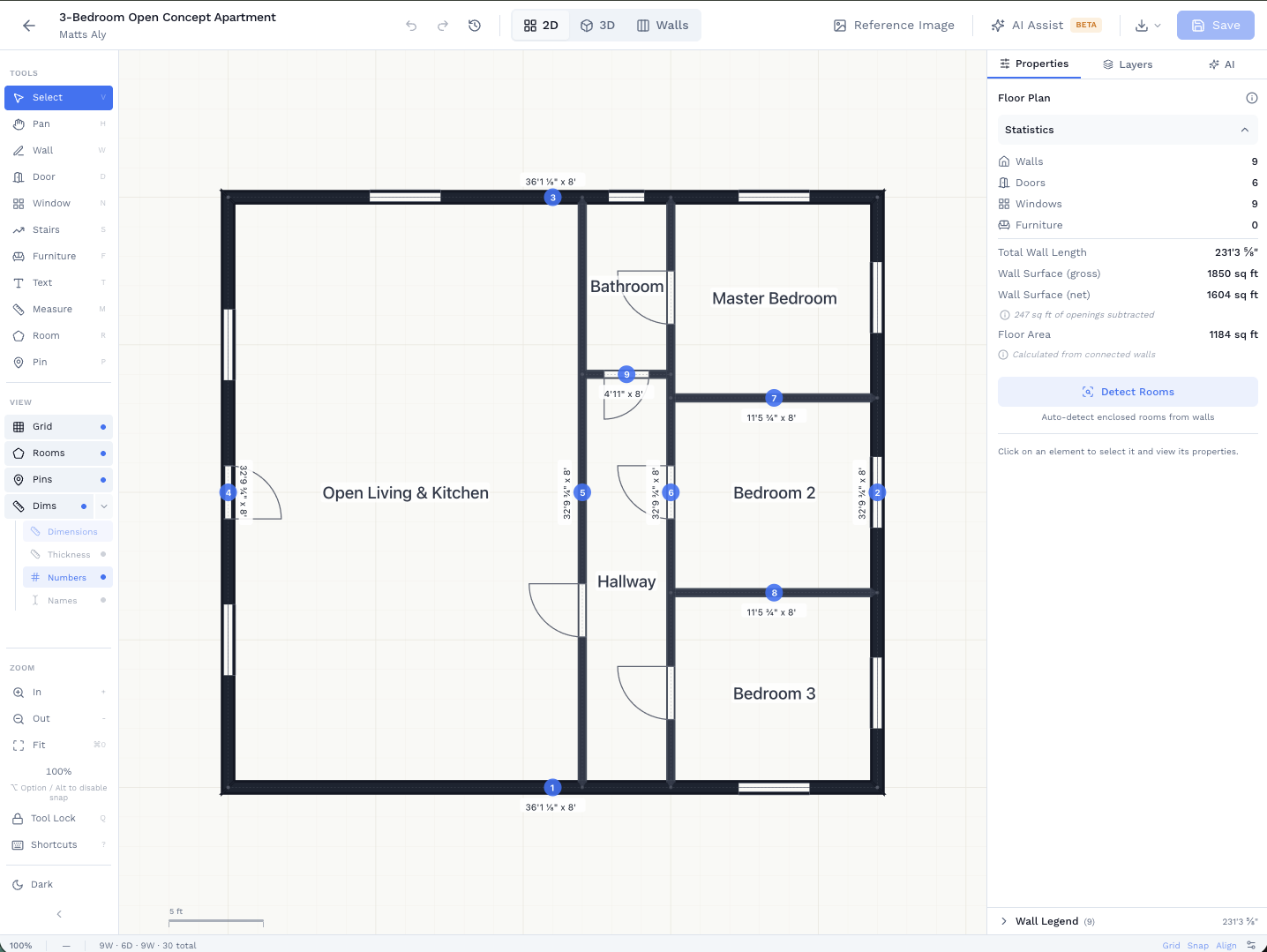 3-Bedroom Open Concept Apartment in the 2D floor plan editor showing rooms, walls, dimensions, and statistics panel