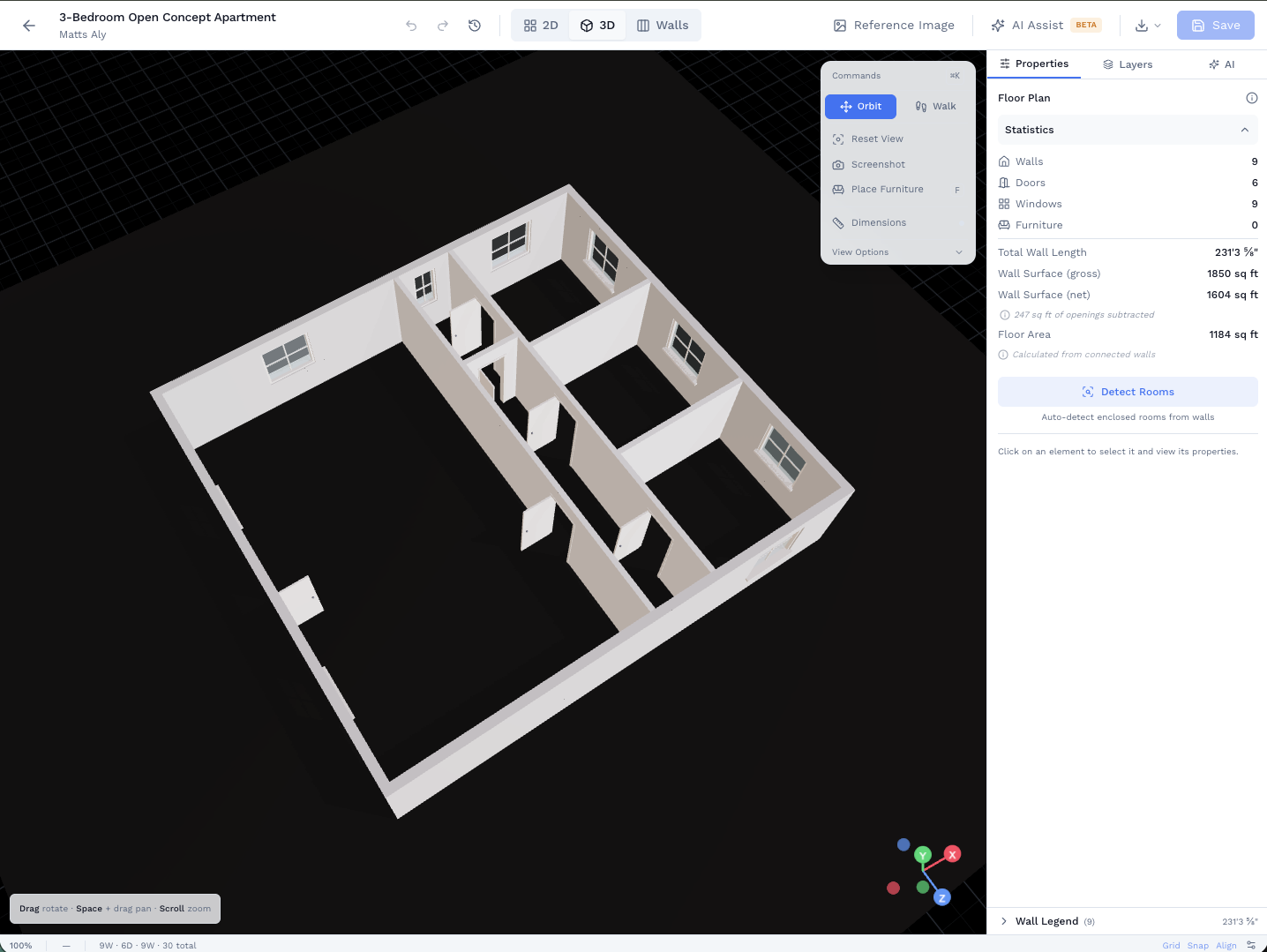 3D overhead view of the generated 3-bedroom apartment floor plan