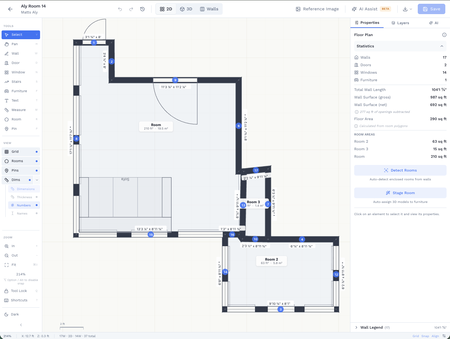 2D floor plan editor showing multi-room plan with wall statistics and measurement panel