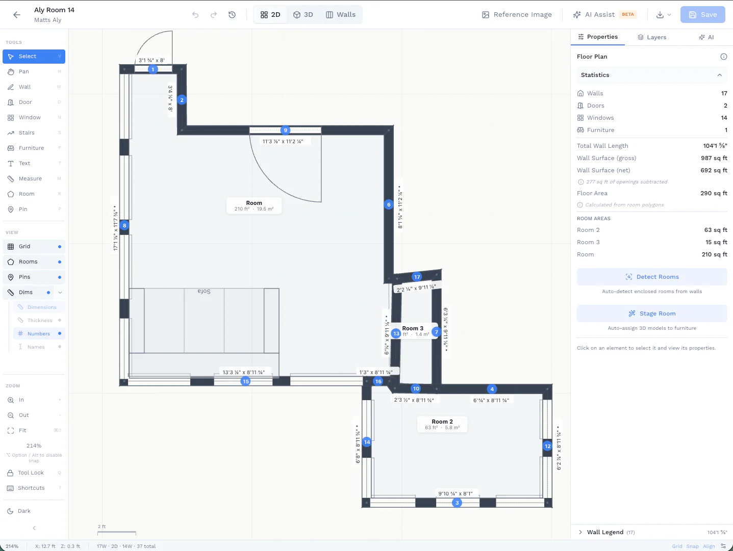 2D floor plan with mitered wall joints and takeoff regions