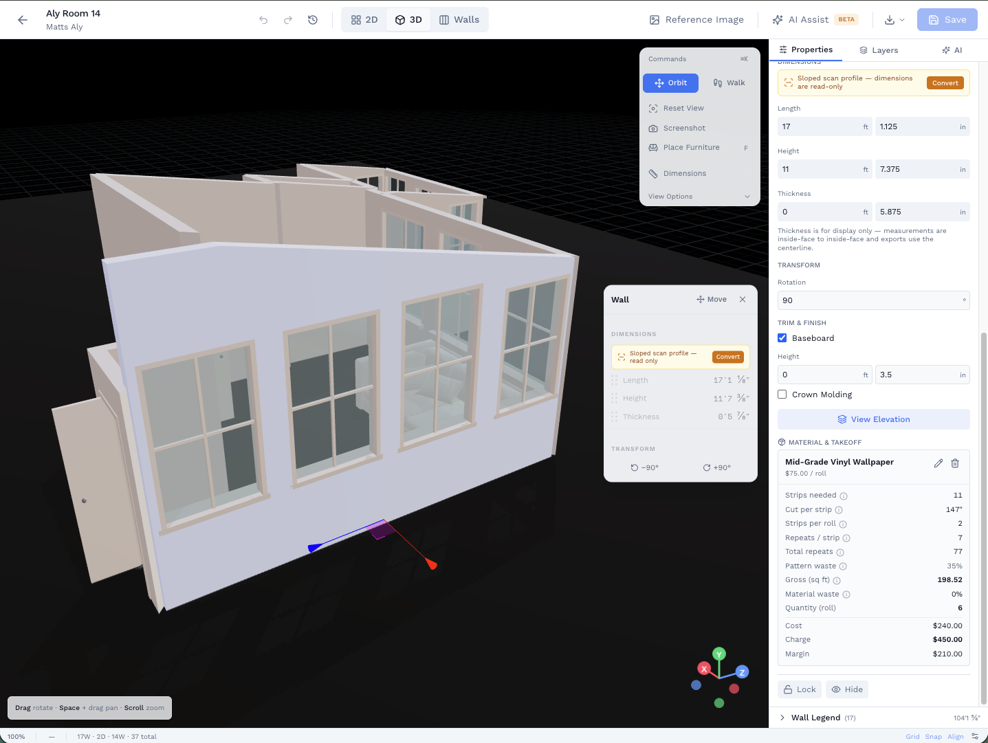 3D view of the same room with wallpaper material applied