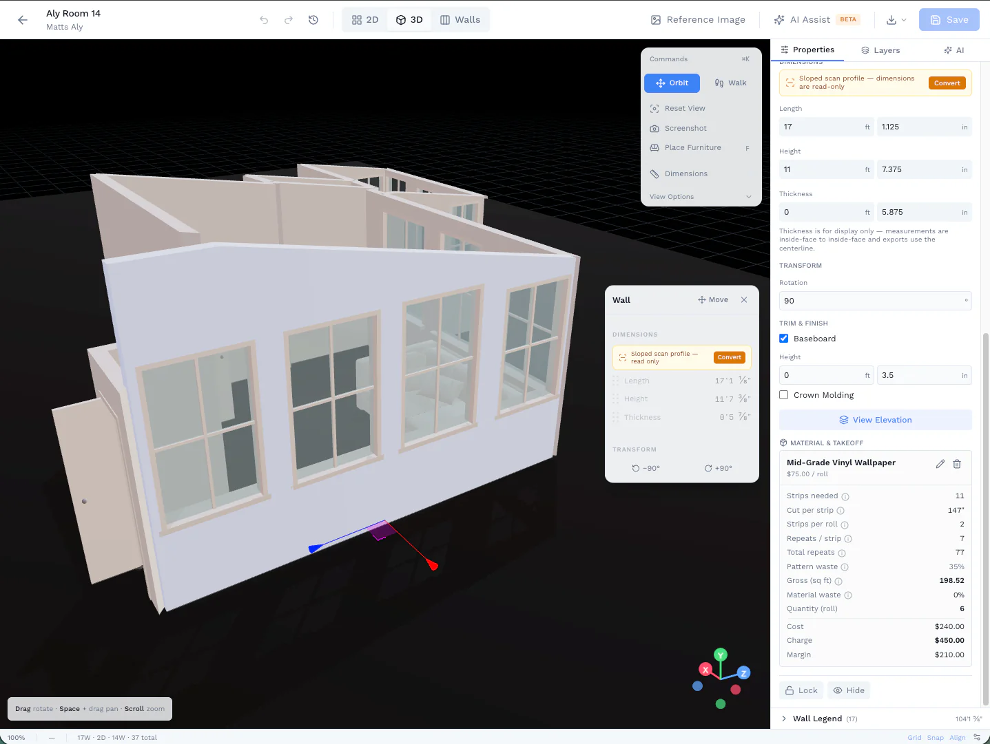 3D view of the same room with wallpaper material applied