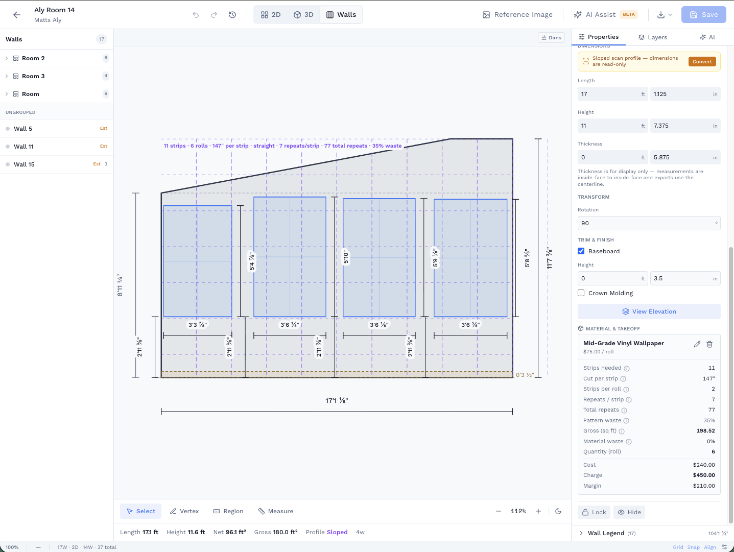 Wall elevation view with material takeoff quantities per wall