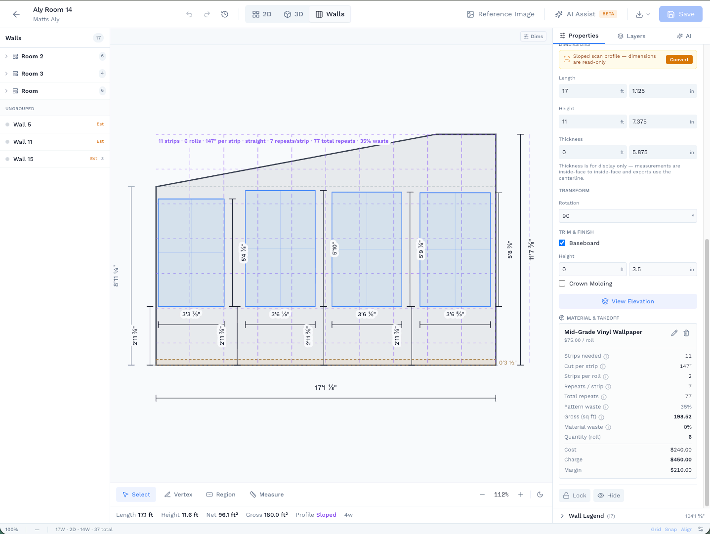 Wall elevation editor with wallpaper takeoff showing strip count and pattern savings