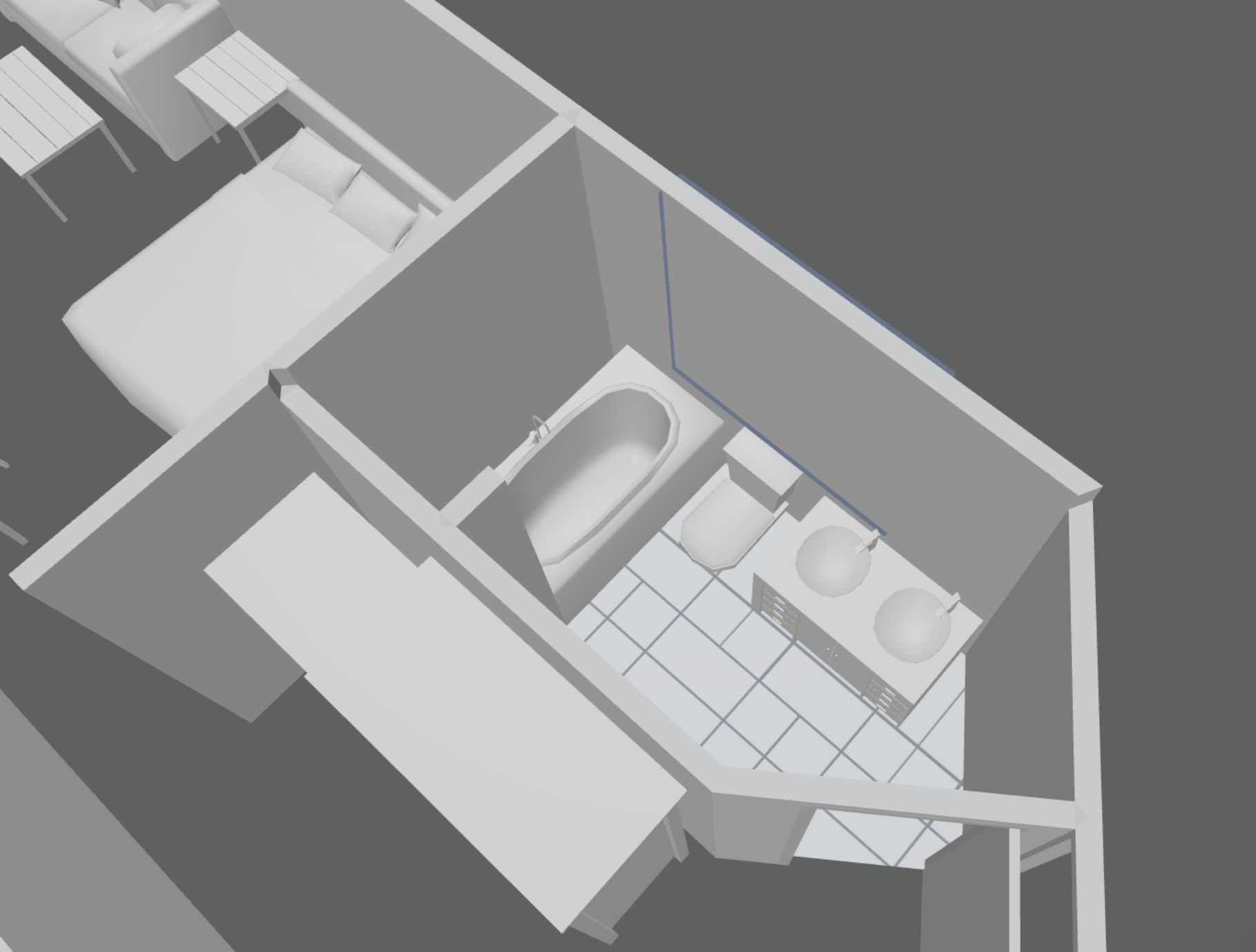 3D viewer of a bathroom with tile applied, generated in SiteScope from a LiDAR scan