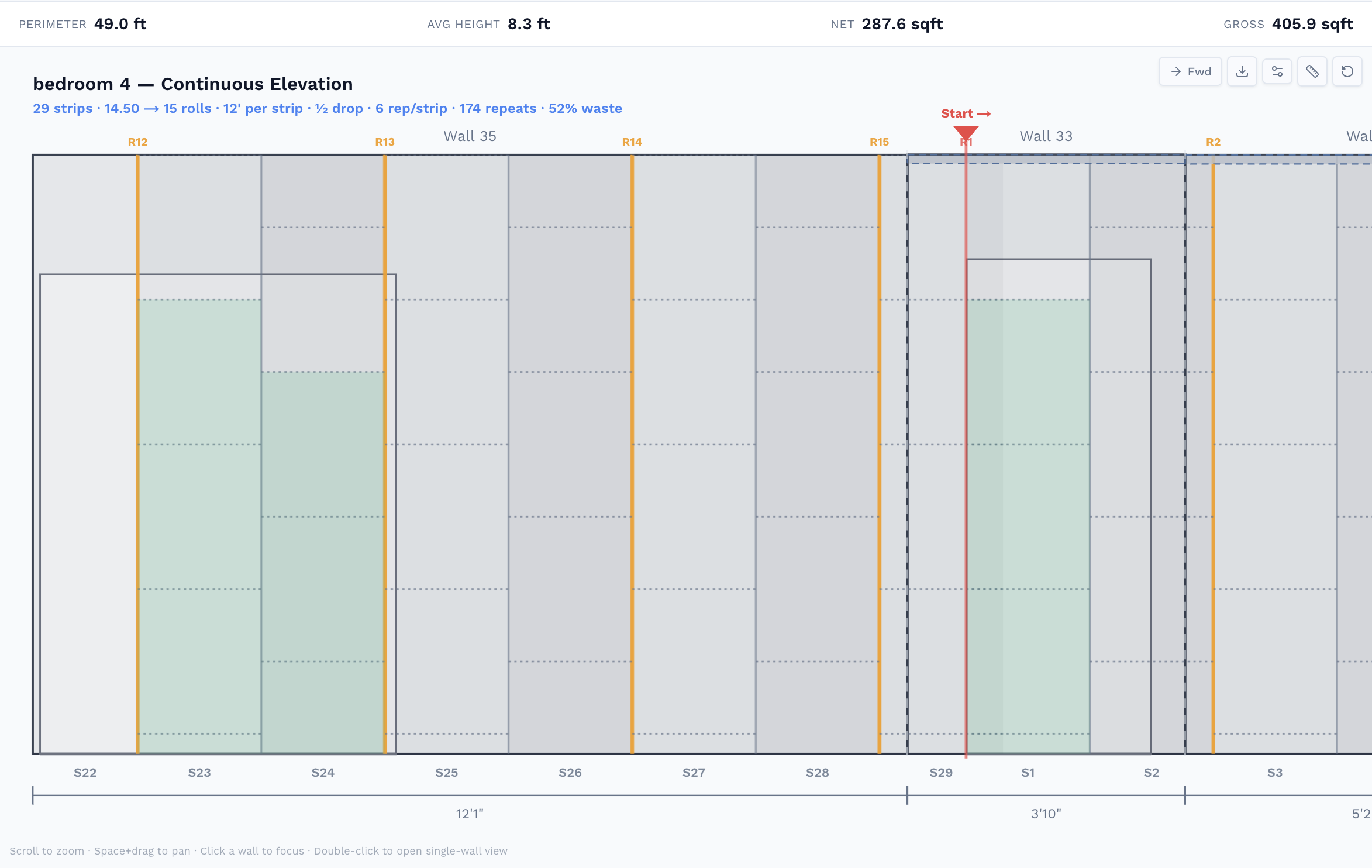 Continuous wall elevation in the SiteScope editor with strip layout, kill point marker, and live takeoff metrics: 20 strips, 14.5 to 15 rolls, half-drop, 174 repeats, 52% waste