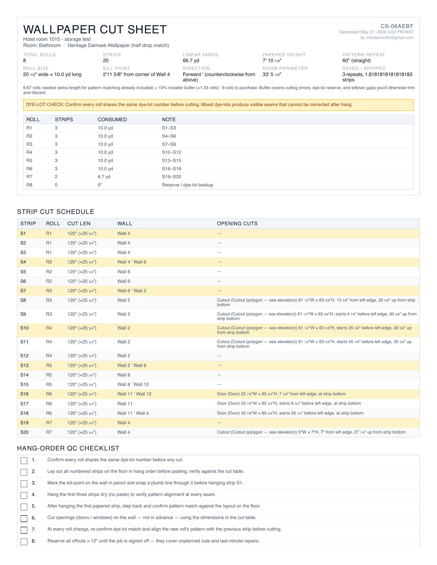 Wallpaper cut sheet PDF first page: kill point, roll inventory, full strip cut schedule, and QC checklist