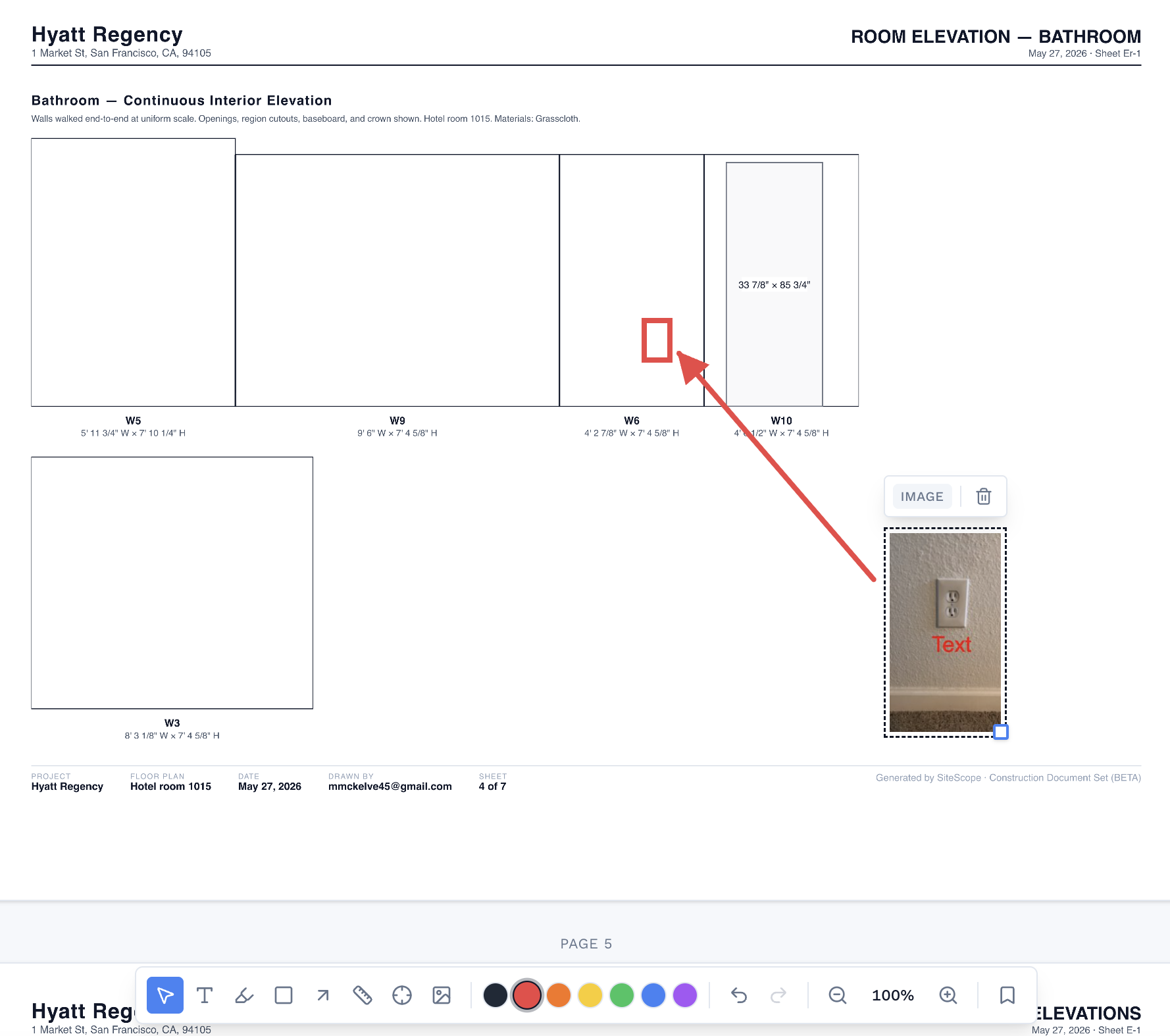 Floor plan report page being marked up with a call-out and an inserted site photo