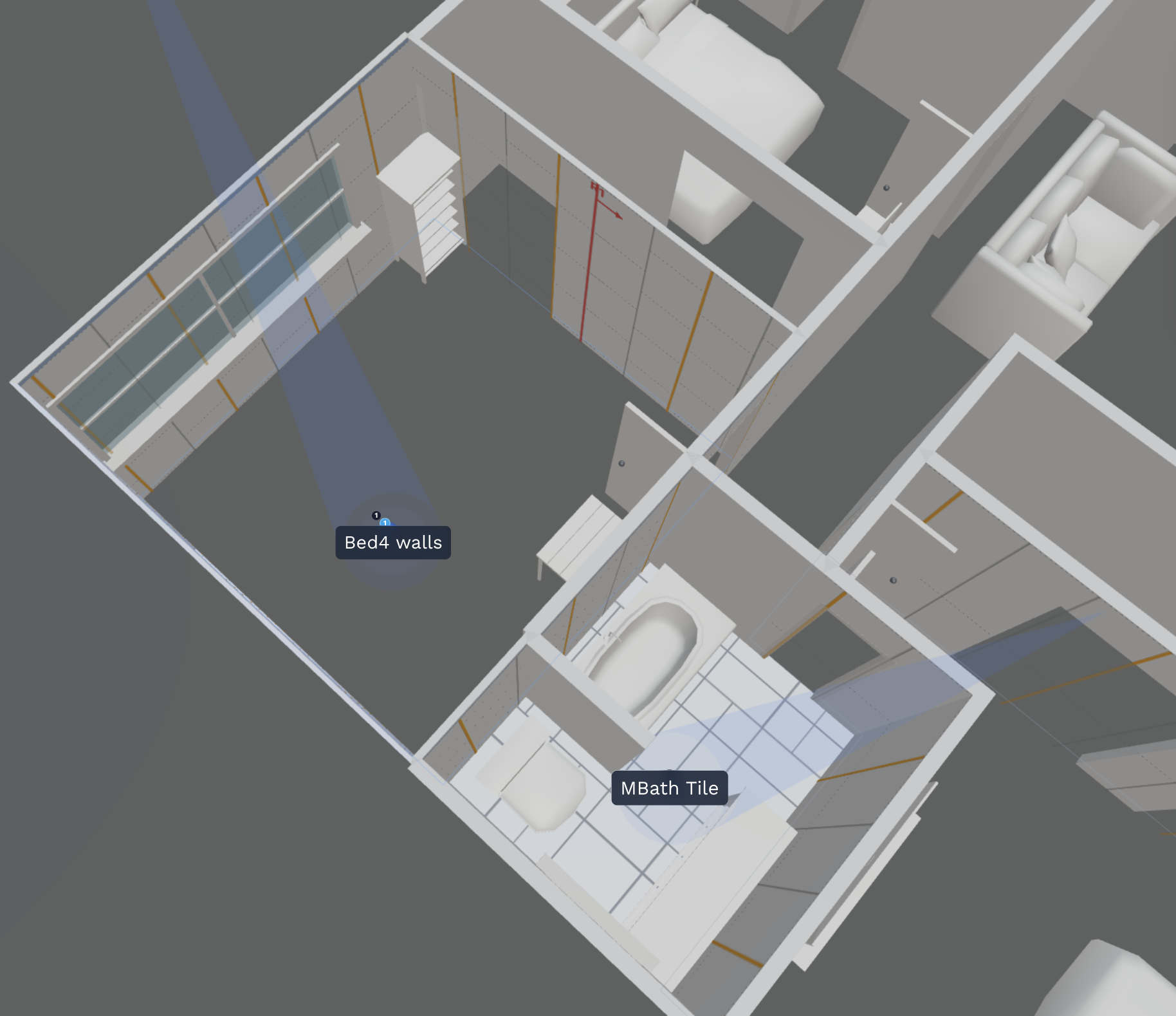 3D project view in the SiteScope editor showing a bedroom with wallpaper applied to the walls and a primary bathroom with tile, both materials rendered live