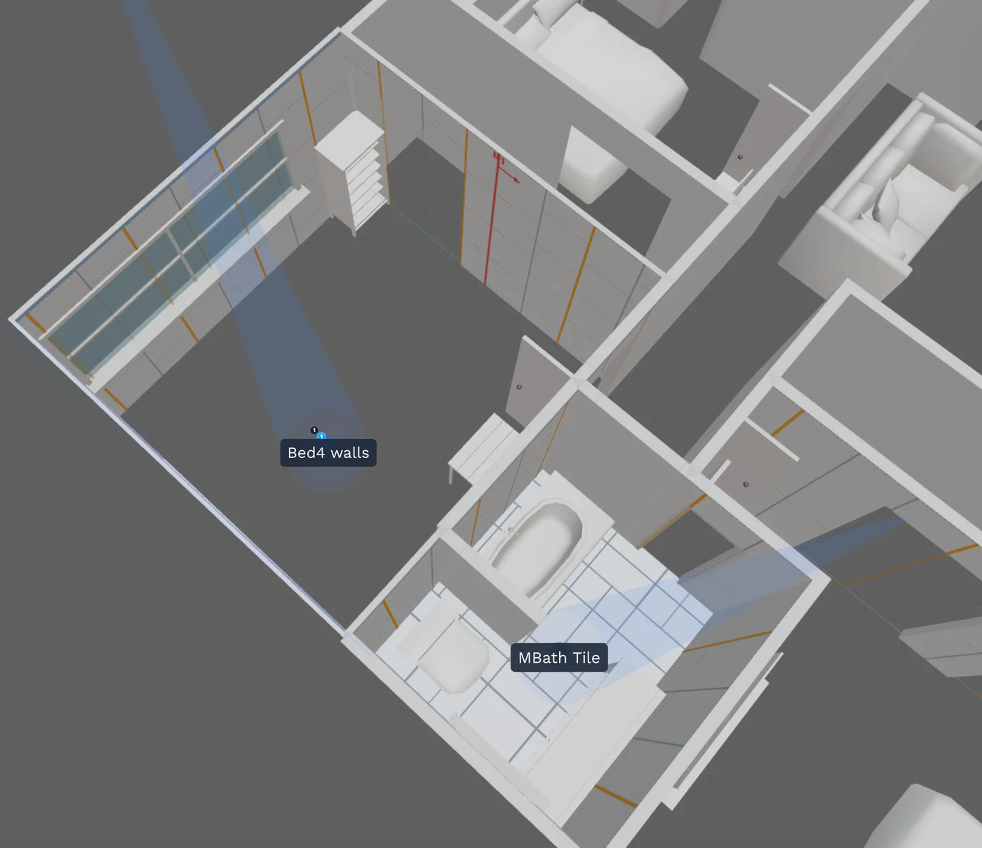 3D project view in the SiteScope editor showing a bedroom with wallpaper applied to the walls and a primary bathroom with tile, both materials rendered live