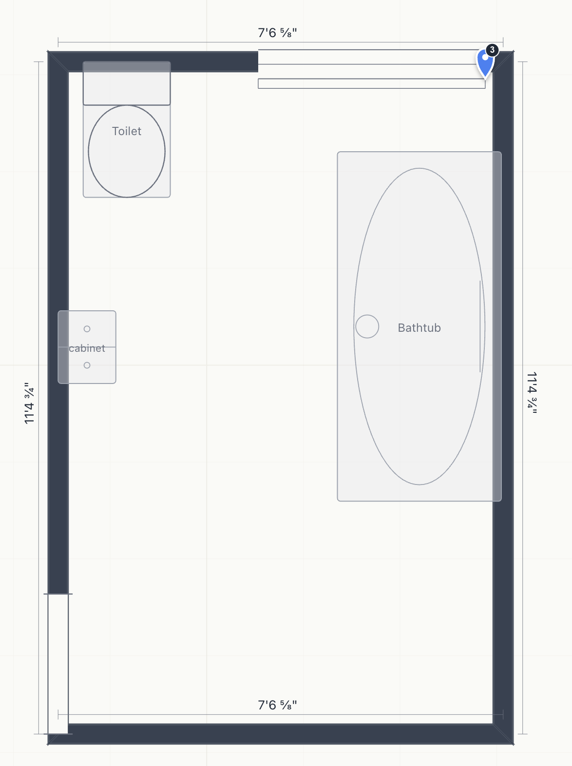 2D floor plan with measured dimensions and pin