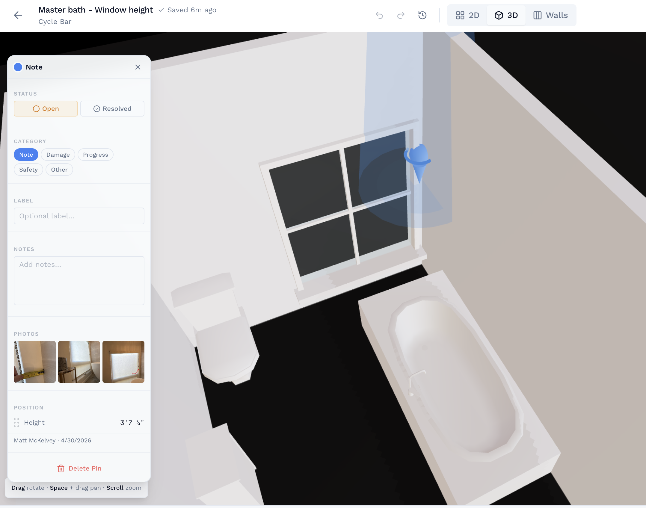 3D view with issue pin and linked photos