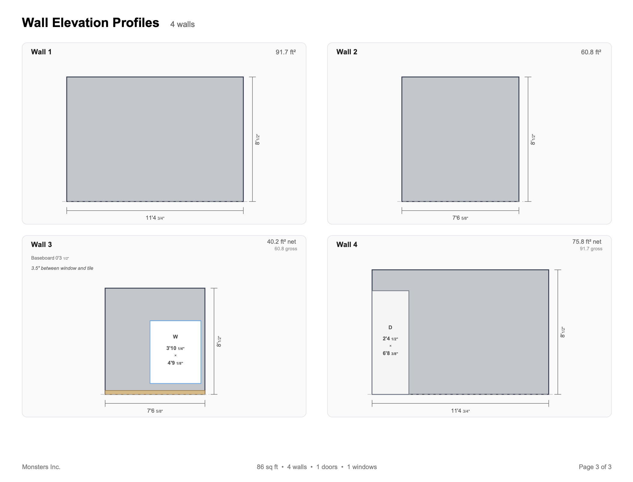 PDF report with wall profiles and dimensions