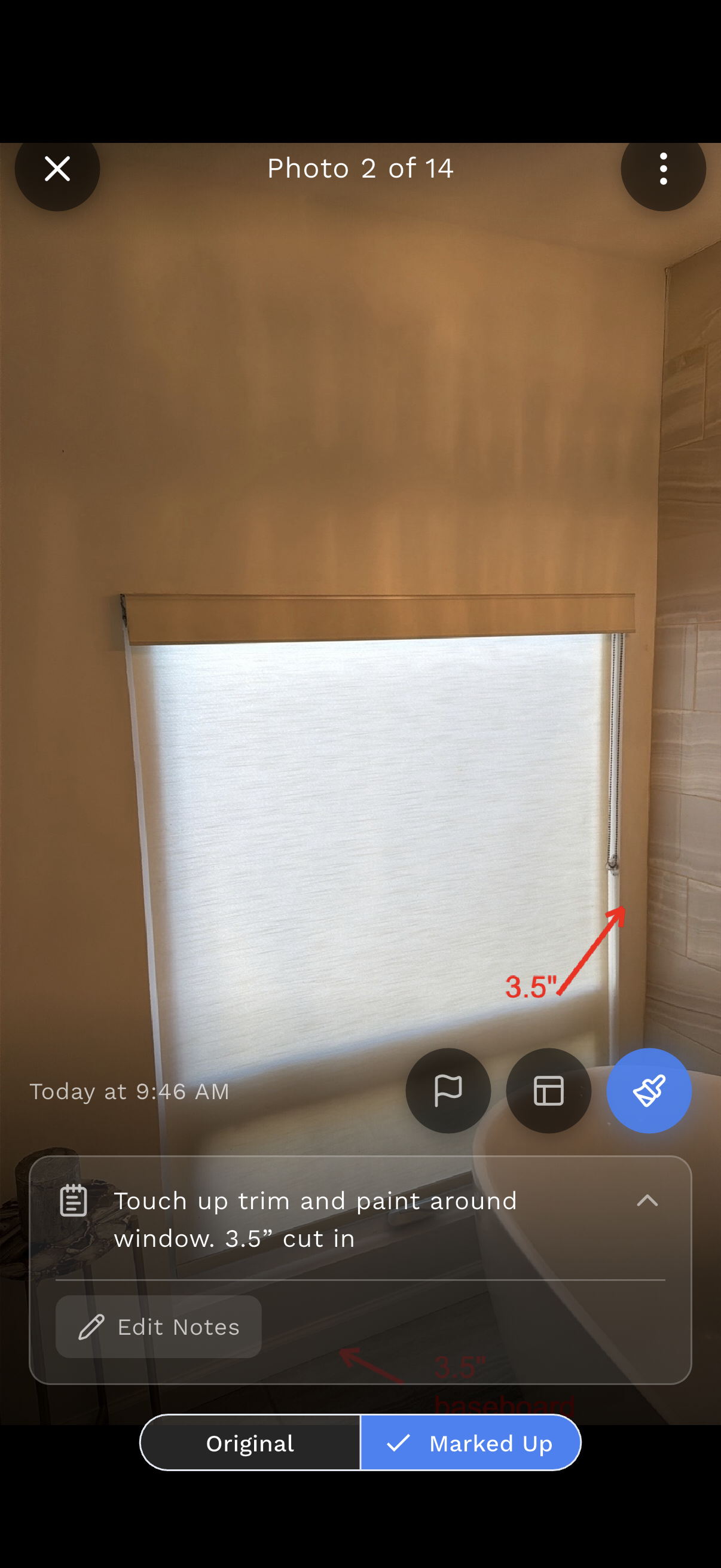Annotated interior photo with note