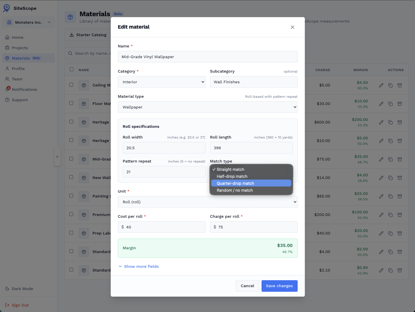 Edit material dialog showing wallpaper roll specifications: roll width, roll length, pattern repeat, match type options, cost and charge per roll