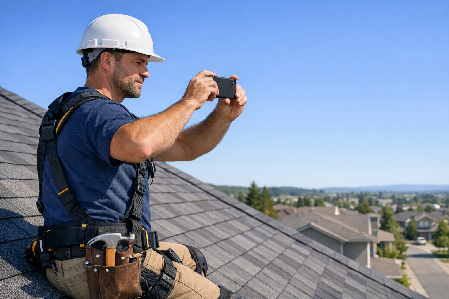Roofer measuring on roof