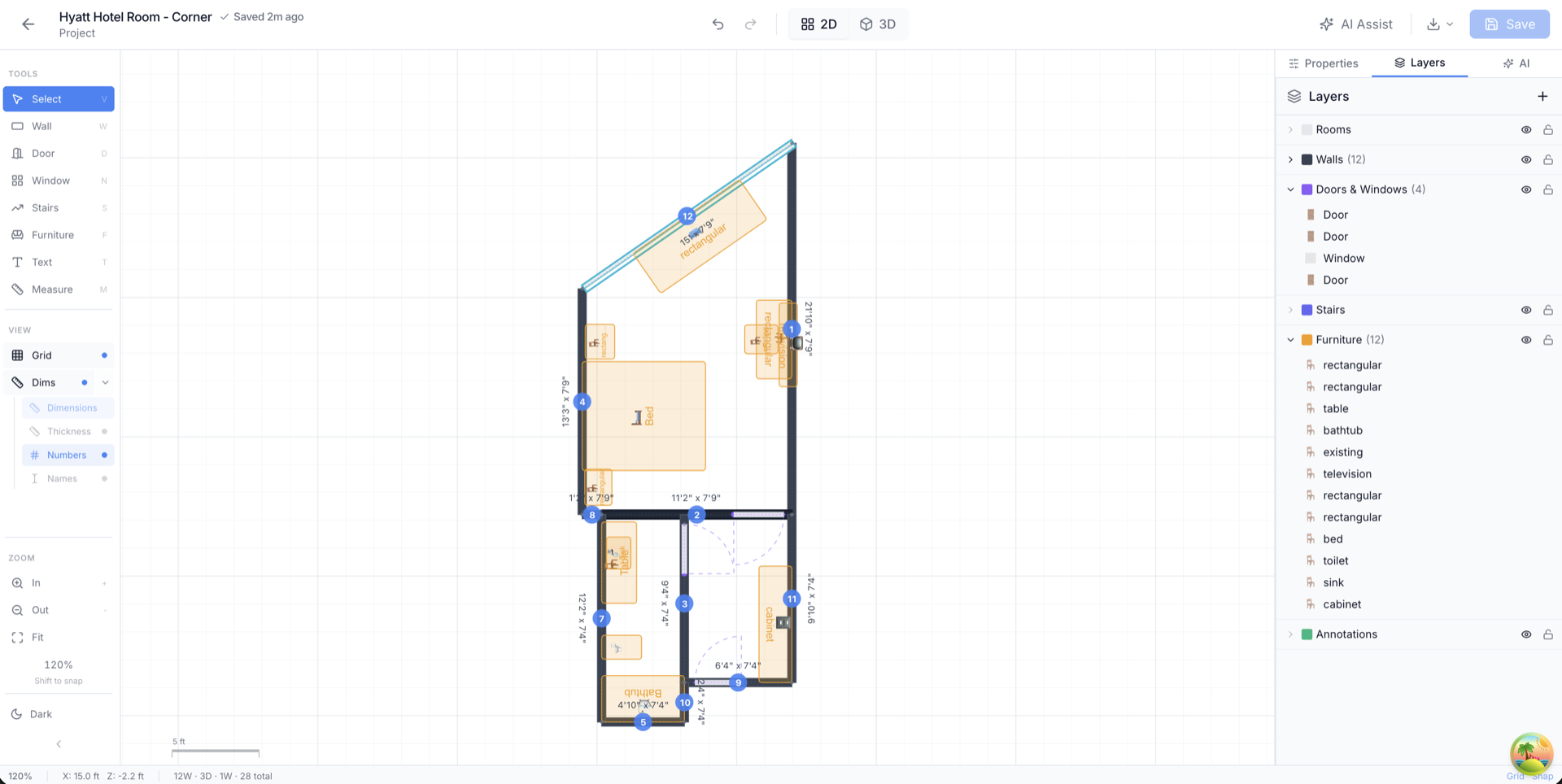 2D floor plan editor with furniture layout