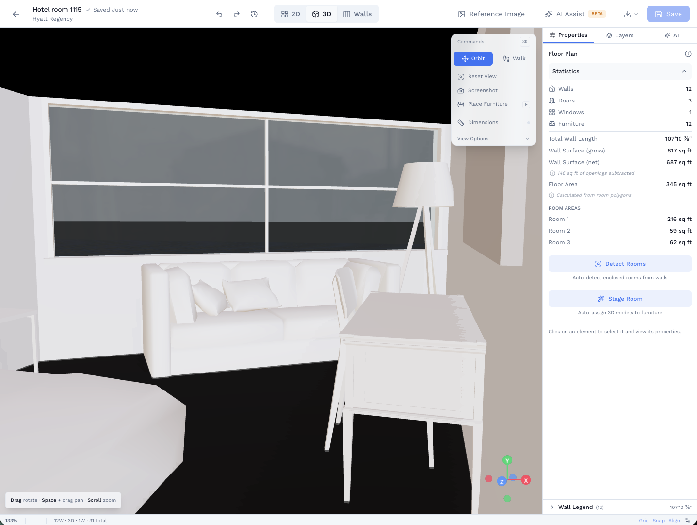 First-person 3D walkthrough view inside a room rendered from a SiteScope floor plan