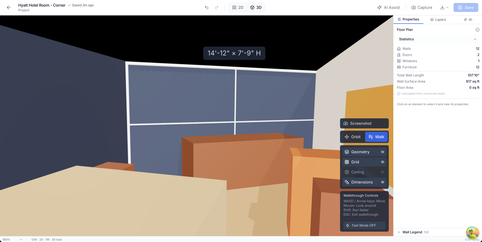3D first-person walkthrough view of room