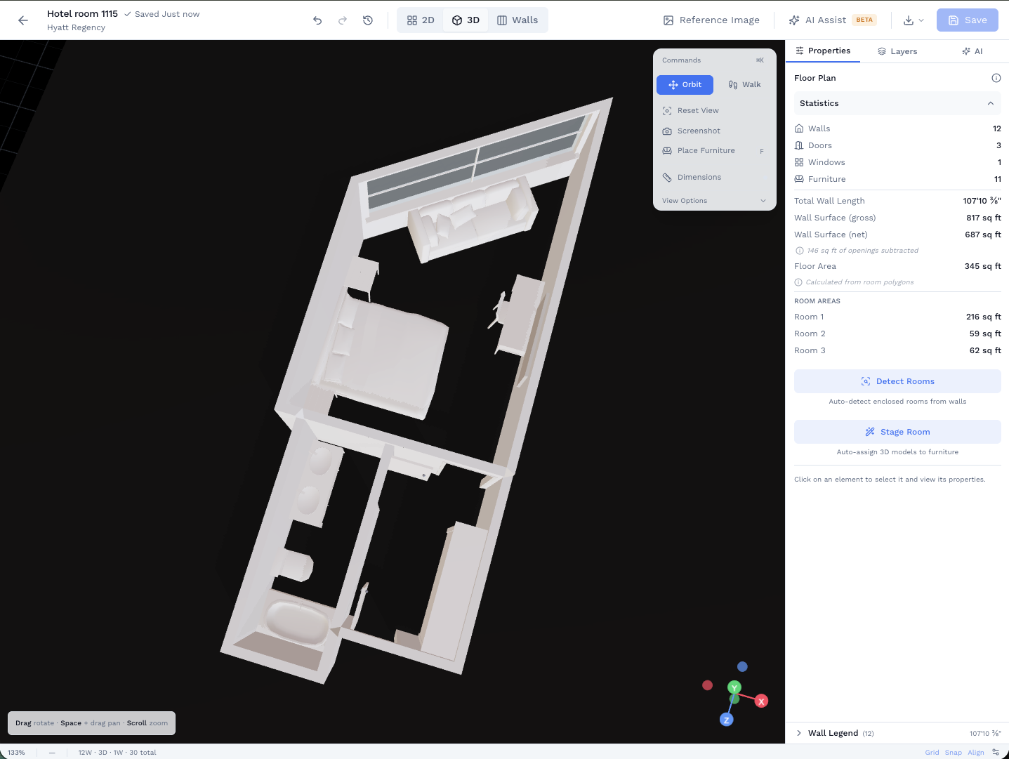 Overhead 3D view of a hotel room floor plan showing spatial layout and room relationships
