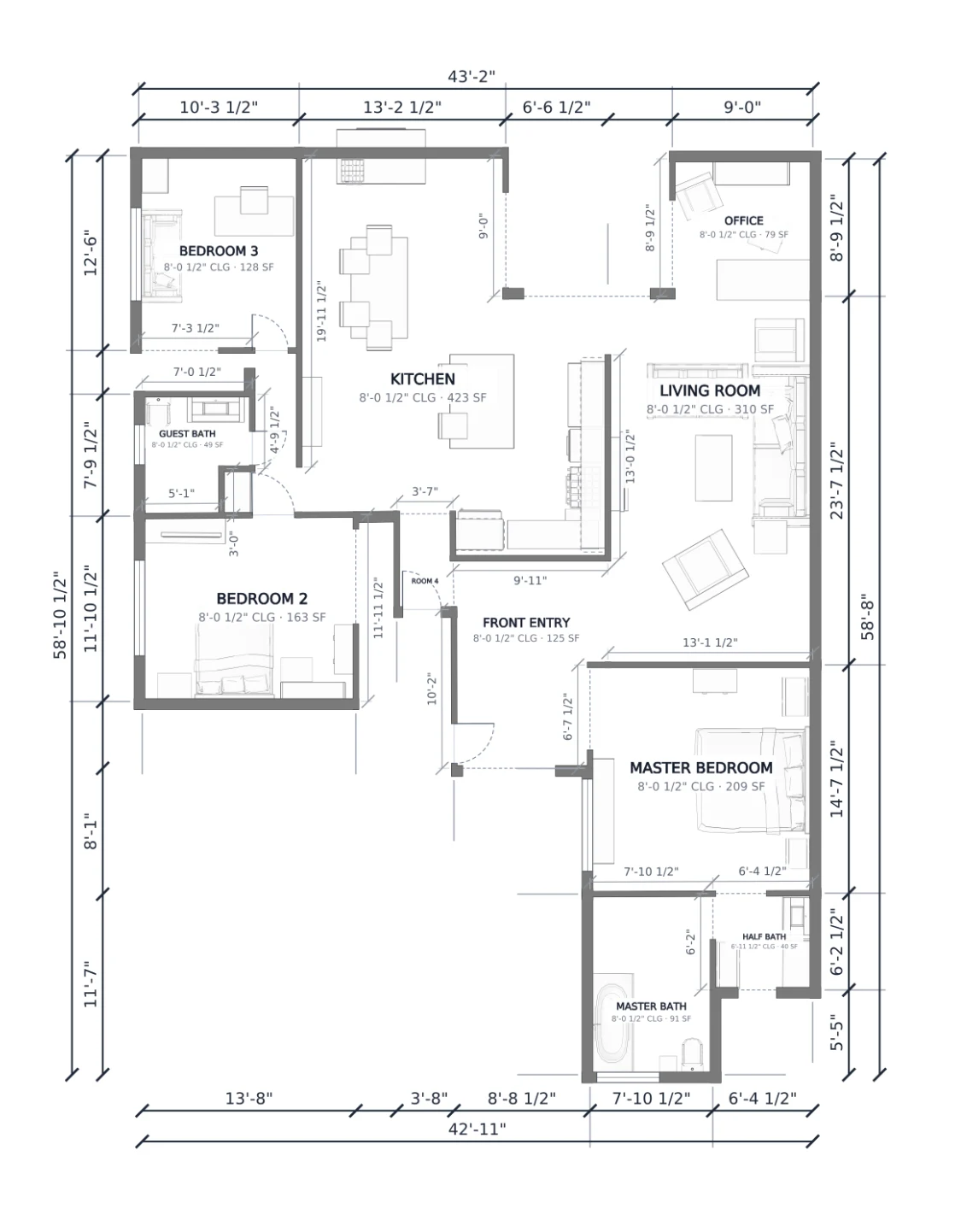 Measured floor plan of a three-bedroom house with named rooms, ceiling heights, room areas, and overall dimensions