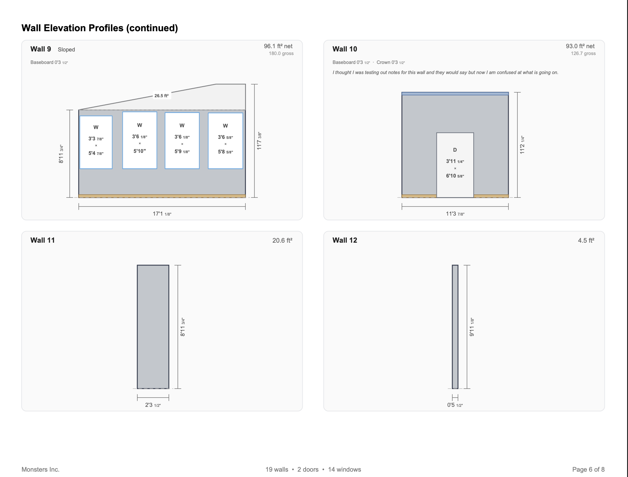PDF report page showing Wall Elevation Profiles with each wall drawn to scale, dimensions labeled, and door and window openings marked