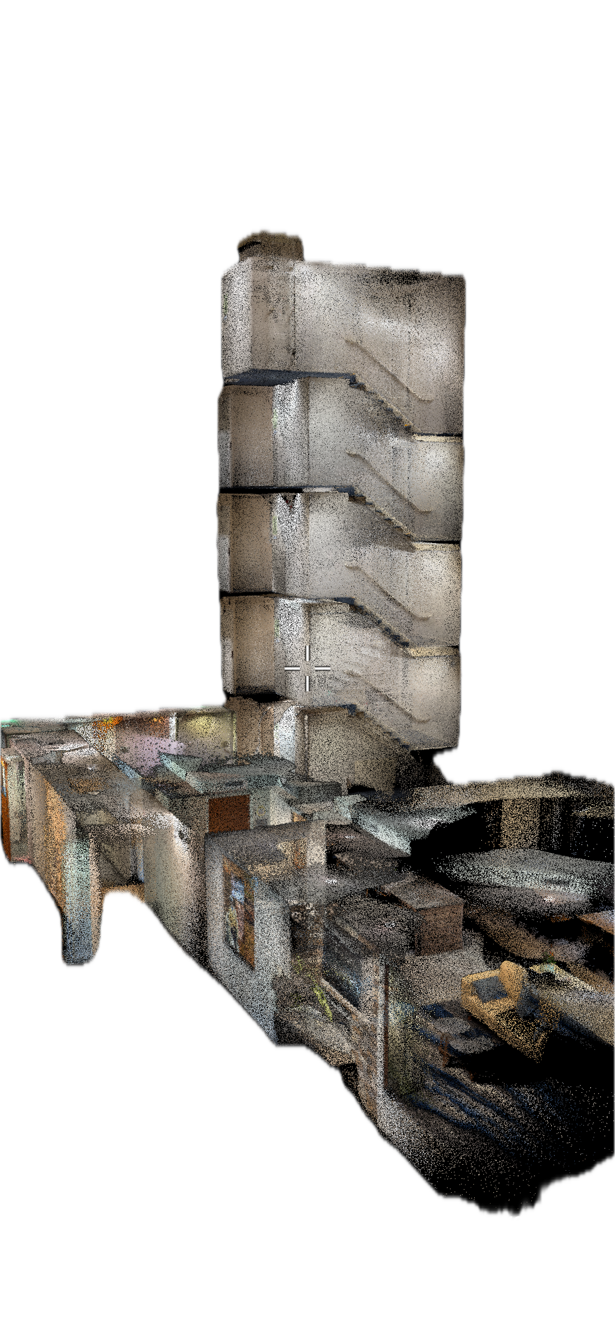 Dense multi-story point cloud of a stairwell captured with iPhone LiDAR, ready to export to E57