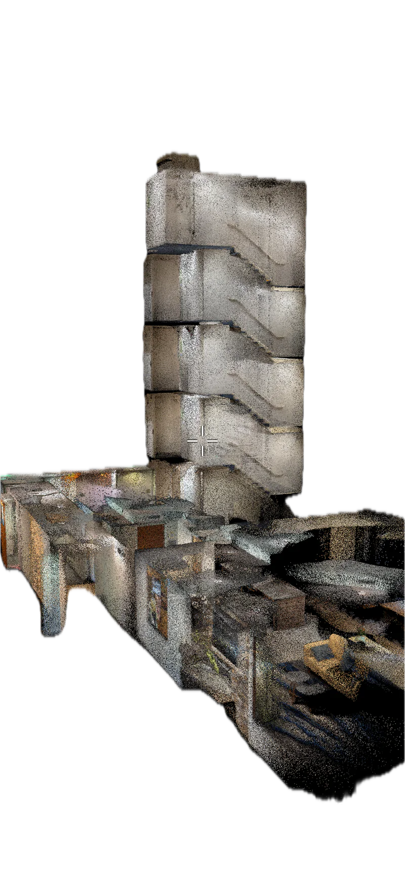 Dense multi-story point cloud of a stairwell captured with iPhone LiDAR, ready to export to E57
