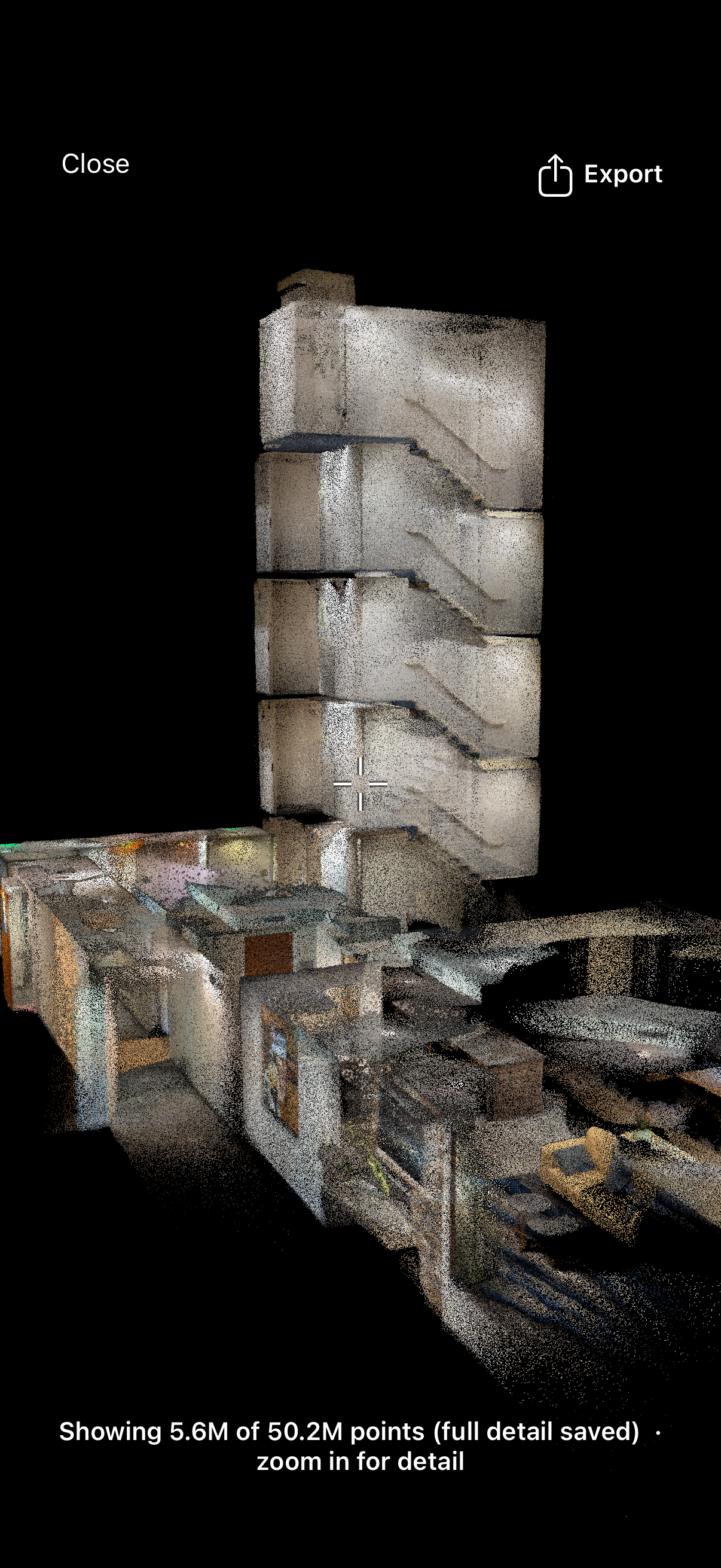 A dense point cloud of a multi-story stairwell captured on a single iPhone scan, showing 5.6 million of 50.2 million points, ready to export