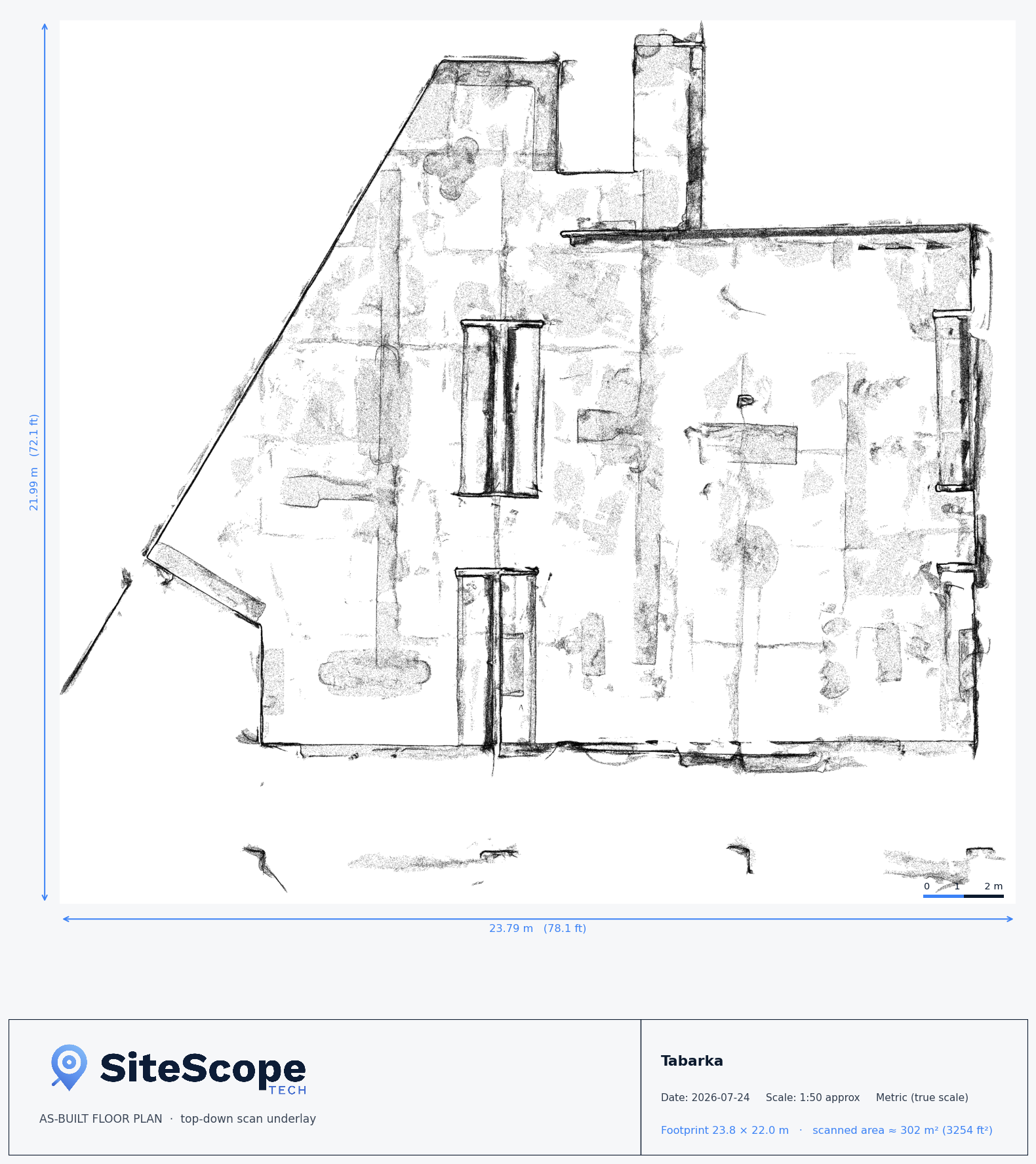An as-built floor plan underlay generated top-down from an iPhone point cloud, with overall dimensions