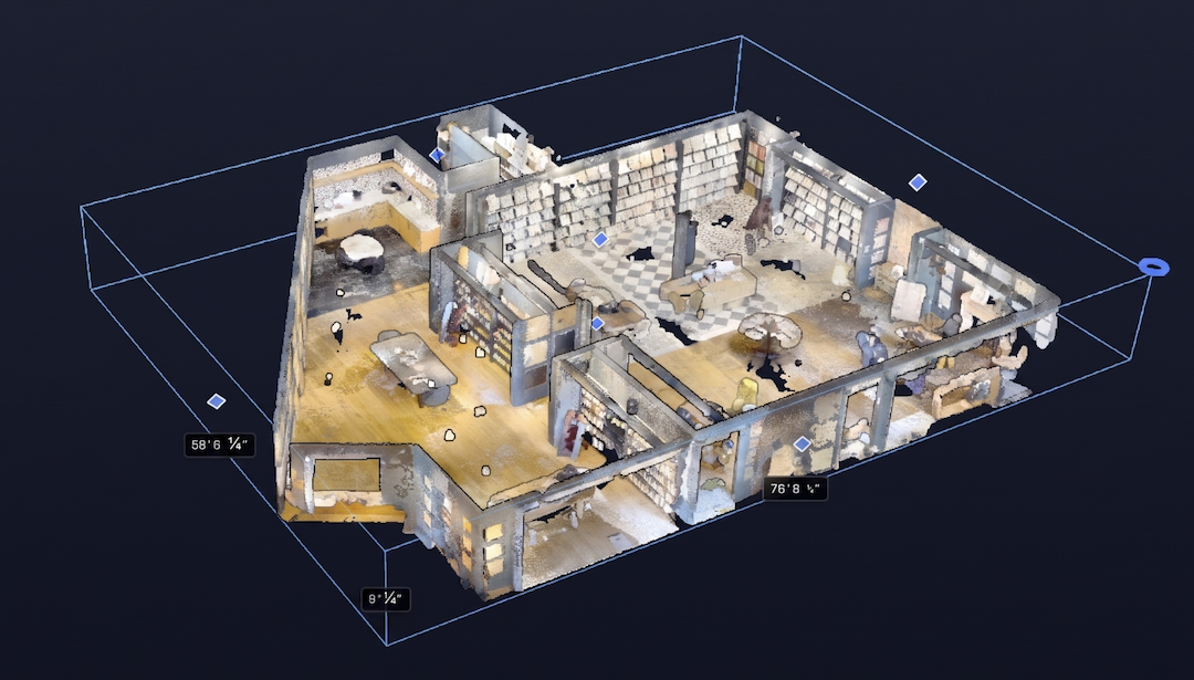 A dense, measured point cloud of a scanned space, the digital twin a client opens from a share link