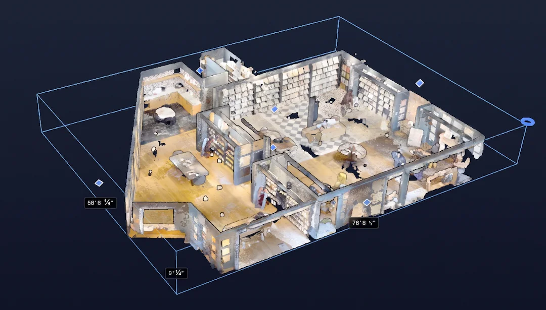 A dense, measured point cloud of a scanned space, the digital twin a client opens from a share link