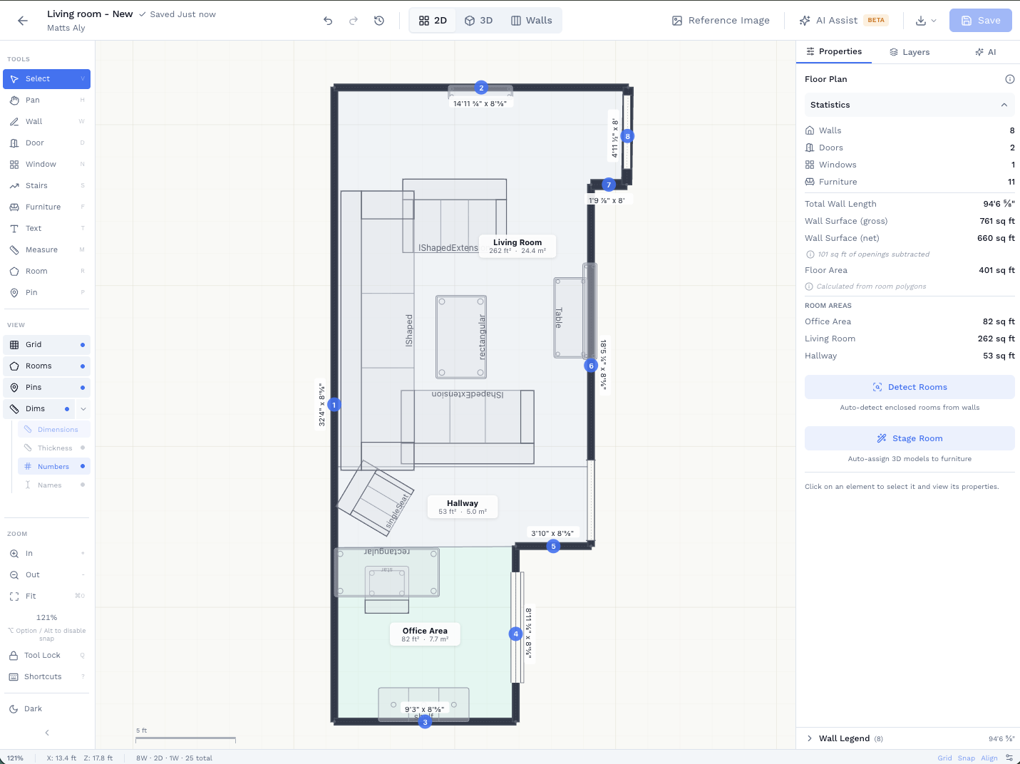 2D floor plan view with wall dimensions and room layout