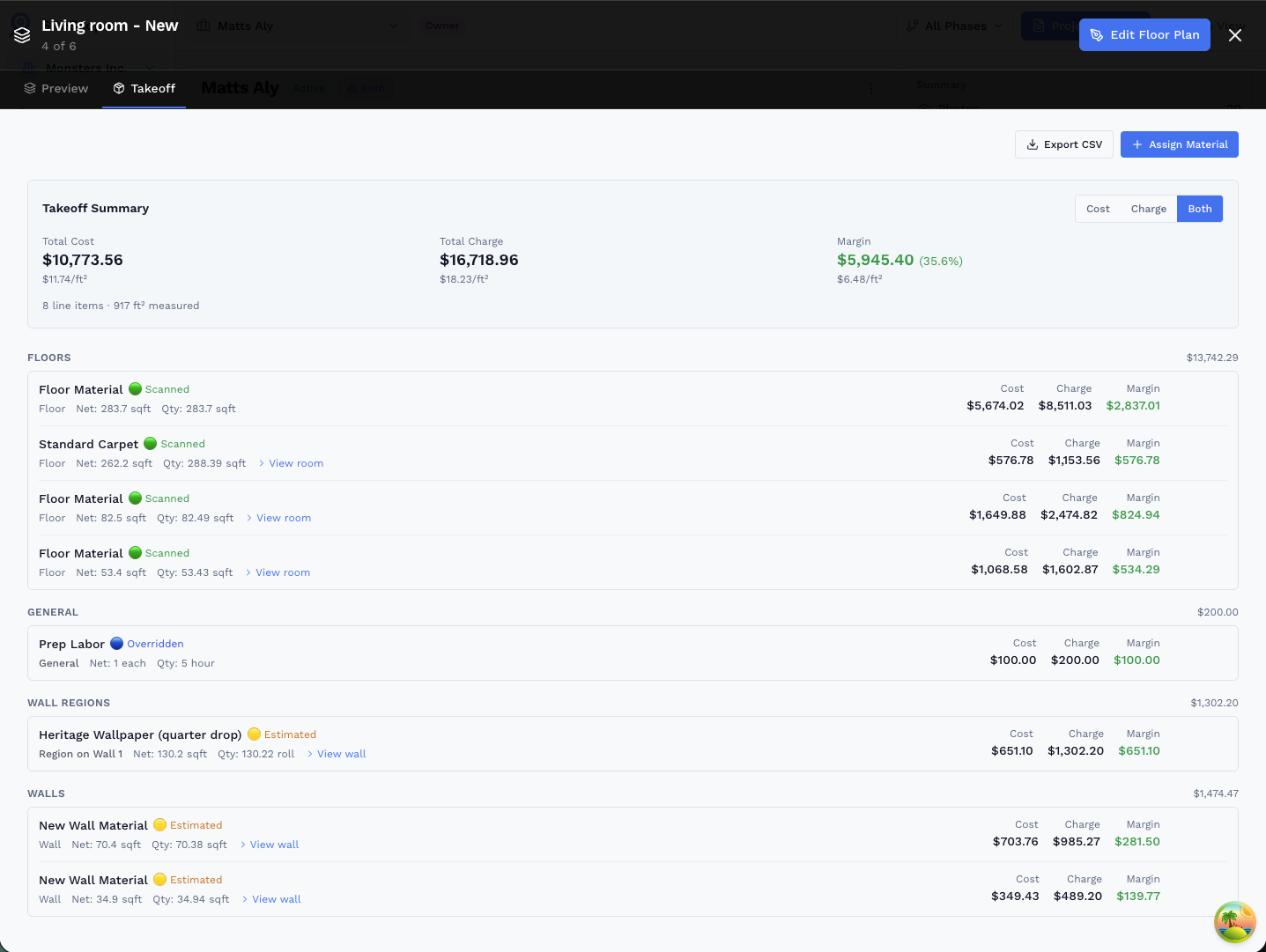 Takeoff Summary report showing costs, charges, and margin broken down by floors, walls, and regions