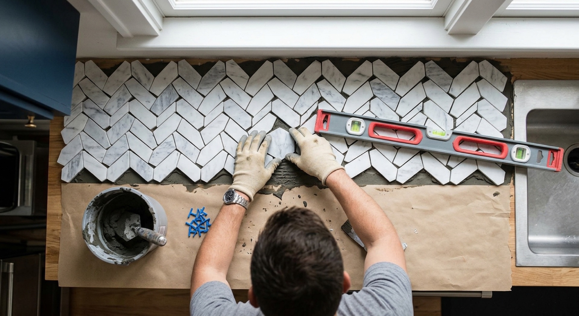 Tile and stone work on an interior wall