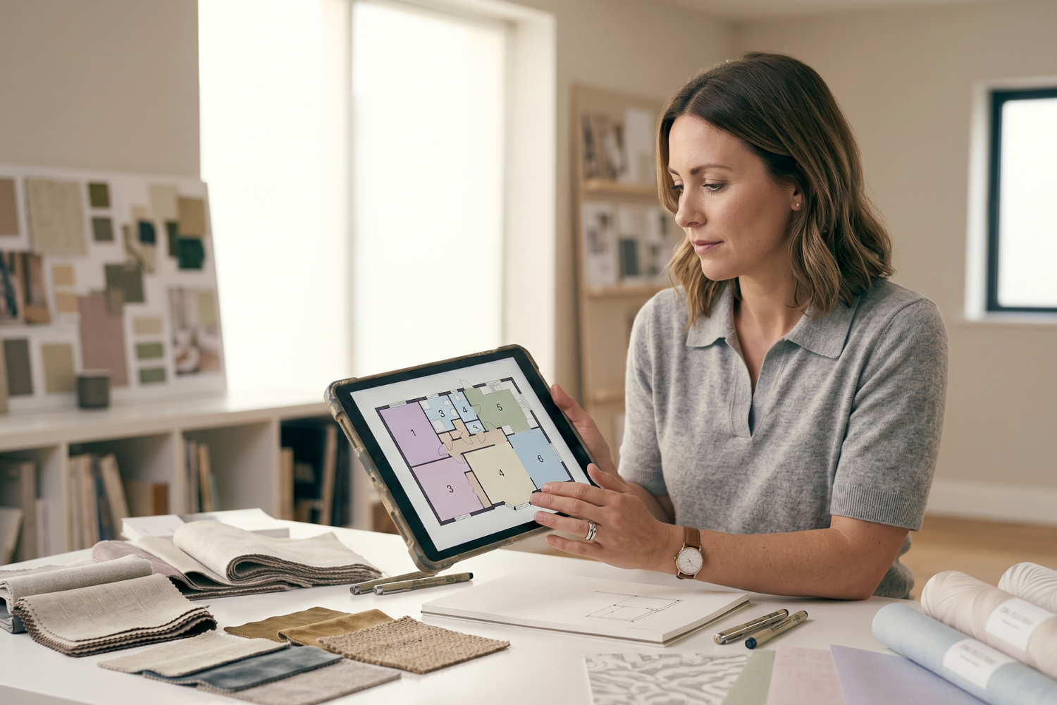 Wallpaper designer reviewing floor plan on tablet