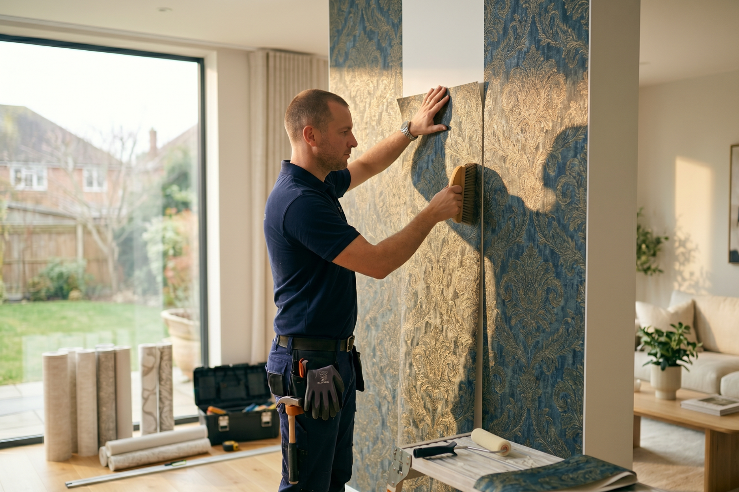 Professional wallpaper installer on site