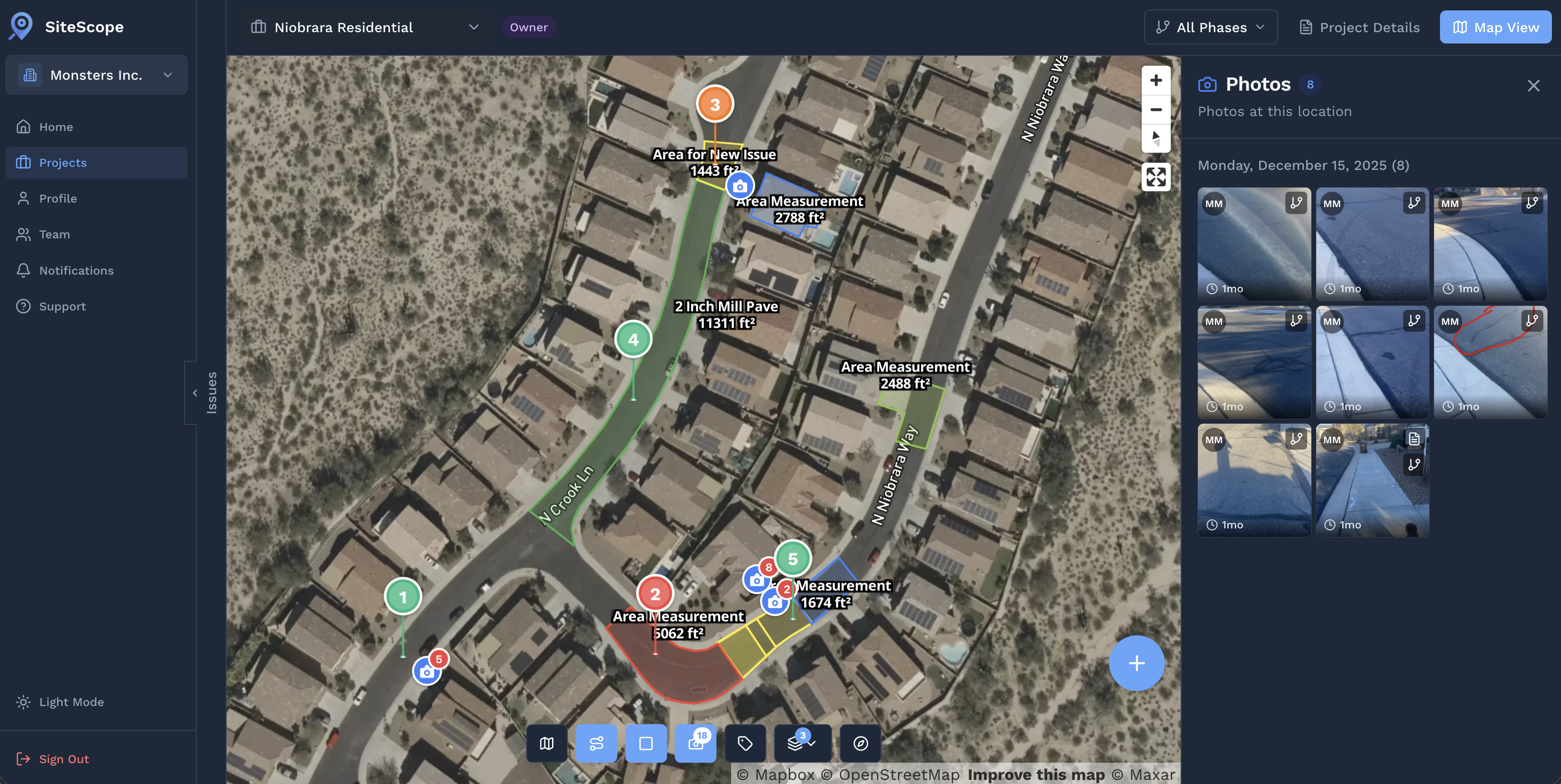 SiteScope web map interface showing project locations